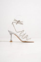 Nunush Şeffaf Bantlı Gümüş Taşlı Bilekten Bağcıklı Topuklu Abiye Ayakkabı - 2