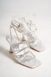 Nunush Şeffaf Bantlı Gümüş Taşlı Bilekten Bağcıklı Topuklu Abiye Ayakkabı - 4