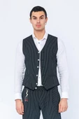 Erkek Slim Fit Çizgili Düğmeli Cepli Bürümcük Kumaş Klasik Yelek - 3