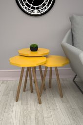 Mobezzo Sekizgen Zigon Sehpa 3'lü Set Ahşap Orta Sehpa Modern Yan Sehpa Takımı Dekoratif Sehpa Sarı - 1