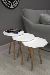 Mobezzo Sekizgen Zigon Sehpa 3'lü Set Ahşap Orta Sehpa Modern Yan Sehpa Takımı Dekoratif Sehpa Beyaz - 2