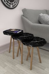 Mobezzo  Sekizgen Zigon Sehpa 3'lü Set Ahşap Orta Sehpa Modern Yan Sehpa Takımı Dekoratif Sehpa Siyah Mermer Desenli - 1