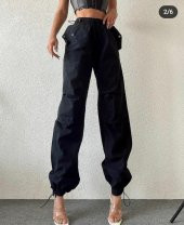 Kadın Beli Ve Paçası Lastikli Paraşüt Kumaş çıtçıt Detaylı Pantolon  Siyah S - 1