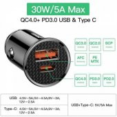 Baseus 30W Araç Çakmaklık Şarjı Usb Typc-e Girişli Araç Şarjı Çift Giriş İphone Samsung Huawei Şarj - 3