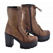 Kahverengi Deri Fermuarlı Bağcıklı Yüksek Topuklu Kadın Bot Mod15 İç Defolu - 2