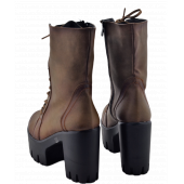 Kahverengi Deri Fermuarlı Bağcıklı Yüksek Topuklu Kadın Bot Mod15 İç Defolu - 3