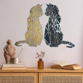 Veraart Aynalı İkiz Geometrik Kedi Ahşap Katmanlı Duvar Dekoru 60 cm - 1