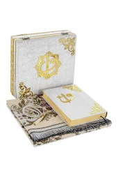 Kadife Kaplı Sandıklı Kişiye Özel Hediyelik Seccadeli Kuranı Kerim Seti Krem thumbnail 1