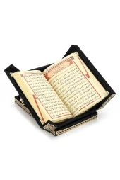 Masa Üstü Çift Kapaklı Kadife Kaplı Sandıklı Kuran Seti - Siyah - 4