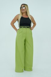 Fıstık yeşili siyah kemerli bol paça pantolon - 2
