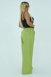 Fıstık yeşili siyah kemerli bol paça pantolon - 3