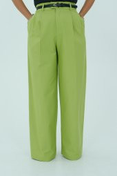 Fıstık yeşili siyah kemerli bol paça pantolon - 5