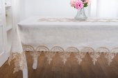 Finezza Elena Lüx Dantelli Simli Keten Kumaş Bej Masa Örtüsü  160x220 cm-1461 - 4