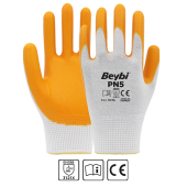 Beybi Nitril PMK PN5 Beyaz Sarı Örme Polyoster Nitril 9 Beden 12li Paket EN388 (3121X) - 1