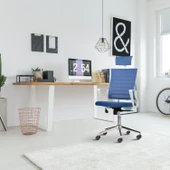 Asbir Mobilya Ceo Fileli Başlıklı Metal Ayaklı Çalışma Koltuğu Ofis Sandalyesi Mavi - 5