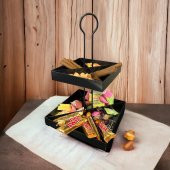 2 Katlı Dekoratif Metal Çerezlik, Peynir Sunum Servis Tabağı - Lokumluk -Makaron, Pankek Ve Tatlı Sunum Standı SİYAH - 2