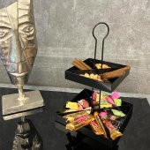 2 Katlı Dekoratif Metal Çerezlik, Peynir Sunum Servis Tabağı - Lokumluk -Makaron, Pankek Ve Tatlı Sunum Standı SİYAH - 4