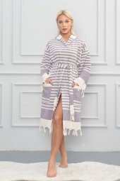 Semecca Peştamal Püskül Detaylı Kapüşonlu Unisex Bornoz - 8