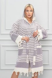 Semecca Peştamal Püskül Detaylı Kapüşonlu Unisex Bornoz - 9