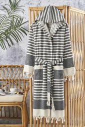 Semecca Peştamal Püskül Detaylı Kapüşonlu Unisex Bornoz - 1