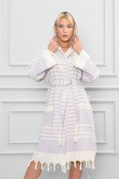 Semecca Peştamal Püskül Detaylı Kapüşonlu Unisex Bornoz - 12