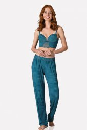 Petrol Dantel Detaylı Puantiyeli Pijama Takımı - 1