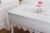 Finezza Laura Lüx Dantelli Simli Keten Kumaş Bej Masa Örtüsü  160x220 cm-1474 - 2