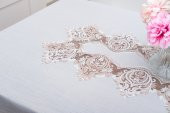 Finezza Laura Lüx Dantelli Simli Keten Kumaş Krem Masa Örtüsü  160x220 cm-1473 - 3