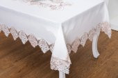 Finezza Laura Lüx Dantelli Simli Keten Kumaş Krem Masa Örtüsü  160x220 cm-1473 - 4