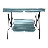 met35 3 Kişilik Sabit Salıncak - Gölgelikli Bahçe Balkon Teras Salıncağı - Yeşil Beyaz Çizgili - 1