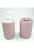 Plastik Sıvı Sabunluk ve Diş Fırçalık Set Renk Pudra - 1