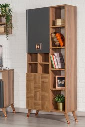 Retro Kitaplık Dekoratif 9 Raflı 2 Kapaklı Suntalam Kitaplık - Ceviz/Koyu Lacivert - 1