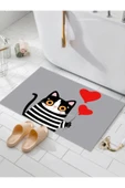 Sevimli Kedi Banyo Paspası, Kalpli Paspas, Kaymaz Taban, Klozet Takımı, Dekoratif Paspas, 60x100 Cm - 5