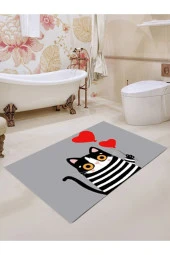 Sevimli Kedi Banyo Paspası, Kalpli Paspas, Kaymaz Taban, Klozet Takımı, Dekoratif Paspas, 60x100 Cm - 3