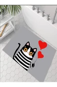 Sevimli Kedi Banyo Paspası, Kalpli Paspas, Kaymaz Taban, Klozet Takımı, Dekoratif Paspas, 60x100 Cm - 6