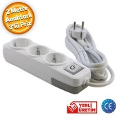 Grup Priz 3lü Anahtarlı Topraklı 2 Metre Seyyar Ara Kablolu Uzatma Kablolusu Üçlü Piriz - 1