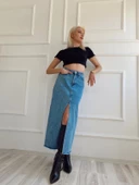 Kadın Önden Yırtmaçlı Denim Etek Buz Mavi thumbnail 2