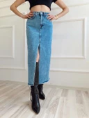 Kadın Önden Yırtmaçlı Denim Etek Buz Mavi thumbnail 8