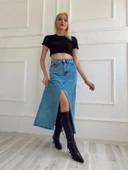 Kadın Önden Yırtmaçlı Denim Etek Buz Mavi thumbnail 1