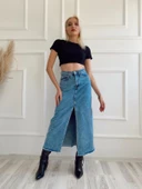 Kadın Önden Yırtmaçlı Denim Etek Buz Mavi thumbnail 7