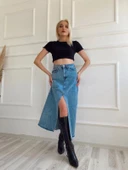 Kadın Önden Yırtmaçlı Denim Etek Buz Mavi thumbnail 3