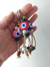 Nazar Boncuk Anahtarlık 5 Adet Kötü Göz Kovucu Nazar Hand Made Hasır Renkli Boncuklu Nazarlı Anahtarlık - 2