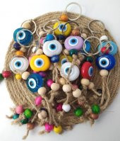 Nazar Boncuk Anahtarlık 20 Adet Kötü Göz Kovucu Nazar Hand Made Hasır Renkli Boncuklu Nazarlı Anahtarlık - 1
