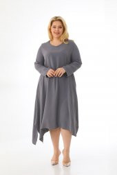 Kadın Büyük Beden Asimetrik Bol Kesim Uzun Kollu Salaş Midi Elbise - 4