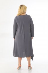Kadın Büyük Beden Asimetrik Bol Kesim Uzun Kollu Salaş Midi Elbise - 6