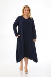 Kadın Büyük Beden Asimetrik Bol Kesim Uzun Kollu Salaş Midi Elbise - 7