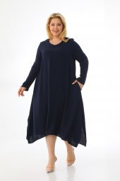 Kadın Büyük Beden Asimetrik Bol Kesim Uzun Kollu Salaş Midi Elbise - 9