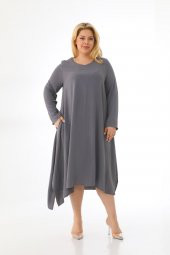 Kadın Büyük Beden Asimetrik Bol Kesim Uzun Kollu Salaş Midi Elbise - 1