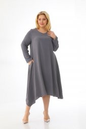 Kadın Büyük Beden Asimetrik Bol Kesim Uzun Kollu Salaş Midi Elbise - 2