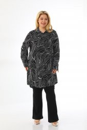 Kadın Büyük Beden Çizgili Desenli Katlamalı Kollu Viskon Tunik Gömlek - 1